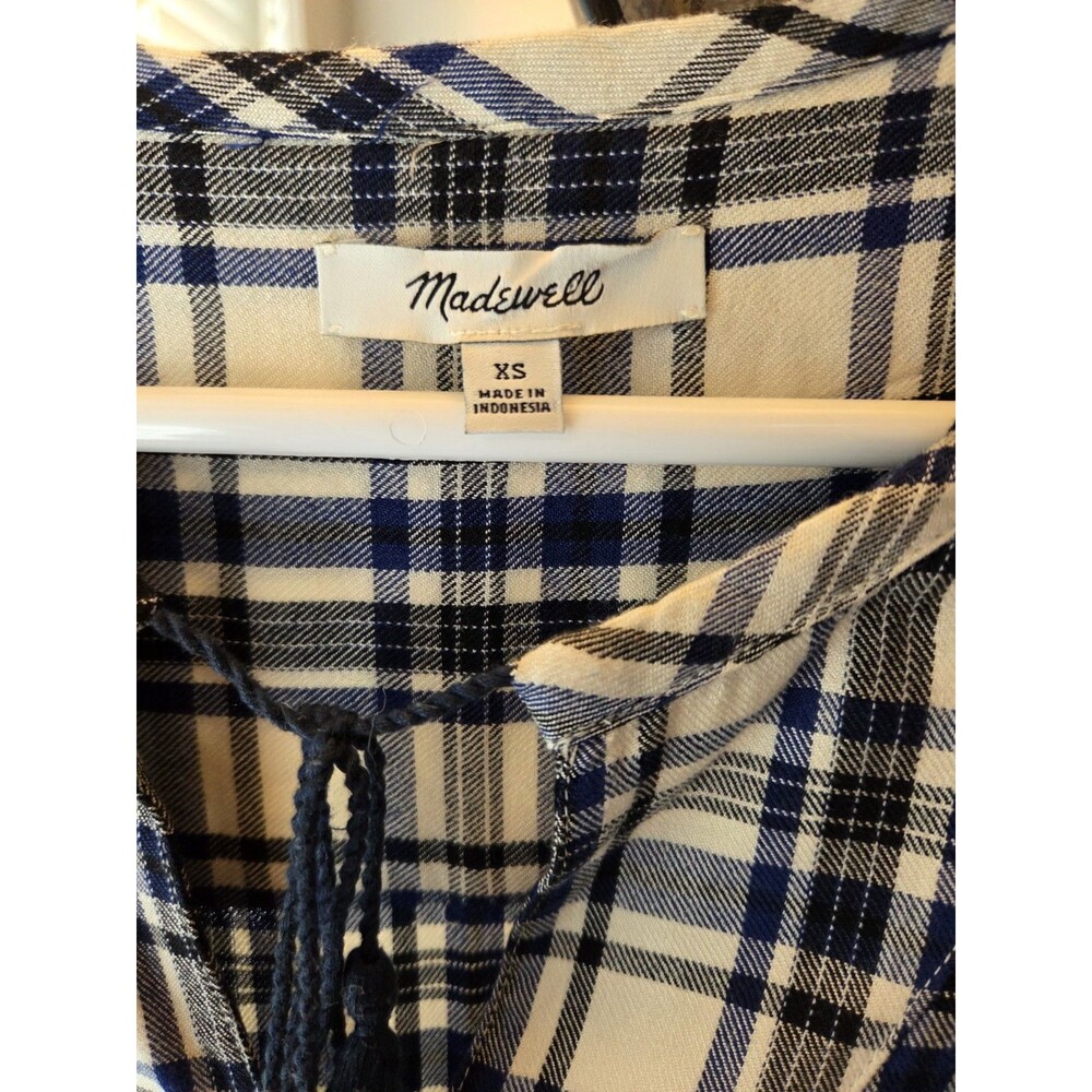Madewell Plaid Dress XS Blue Ivory | Pockets | 3/4 Sleeve Viscose Tunic Dress - Picture 7 of 8